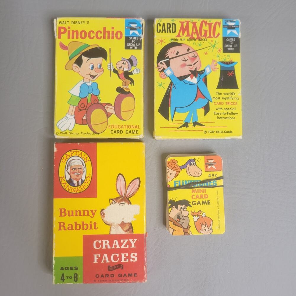 Vtg Card Game Ed-U-Cards Magic Pinocchio Flintstones Captain Kangaroo Crazy Face